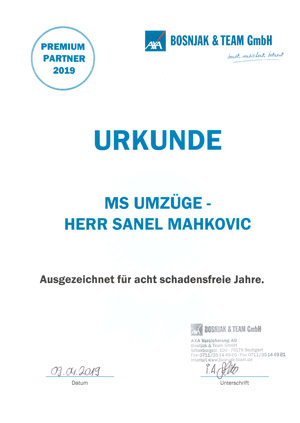 MS Umzüge: Urkunde Schadensfrei 2019